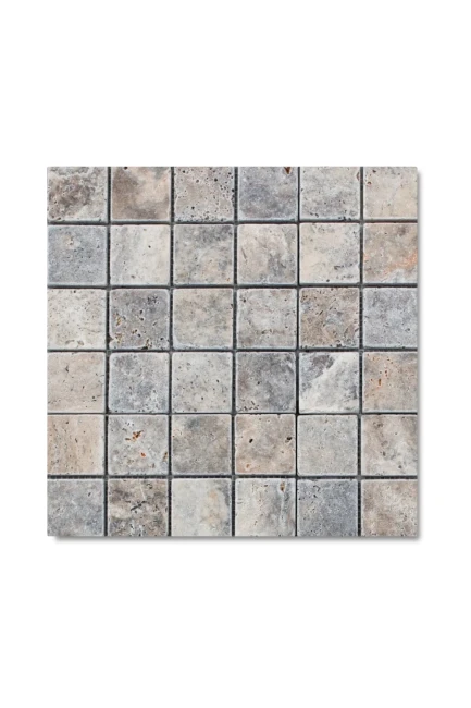 Trawertyn Ash Argent Mix Bębnowany Mozaika 4,8×4,8×1 cm | Kamień dekoracyjny na arkuszu 30,5×30,5 cm