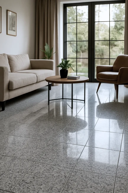 Płytka granitowa szara polerowana G602 60x60x1,5 cm w salonie