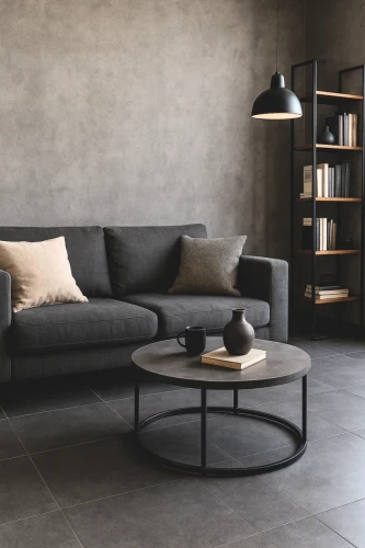 Gres Uni Anthrazit 60x60x0,8 cm wizualizacja loftowego wnętrza z gresem antracytowym na podłodze