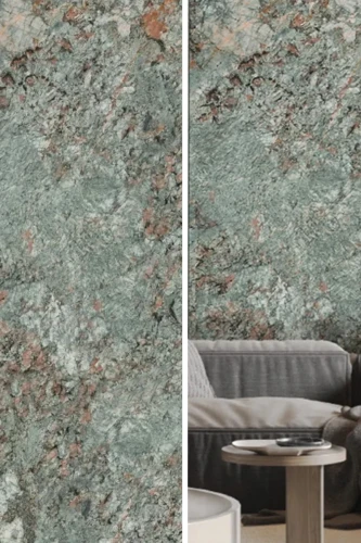 Wohnraum-Inspiration mit WPC-Platte Green Forest glänzend links, rechts sichtbares Muster in grünem Hochglanz