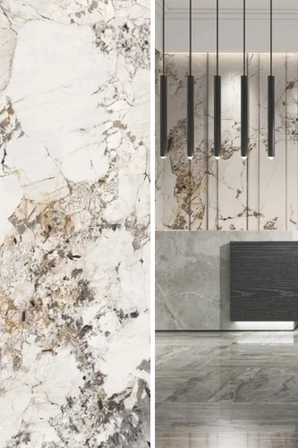 Raumgestaltung mit WPC-Platte Crystal Stone glänzend links, rechts sichtbares Muster in hellem Stein-Look