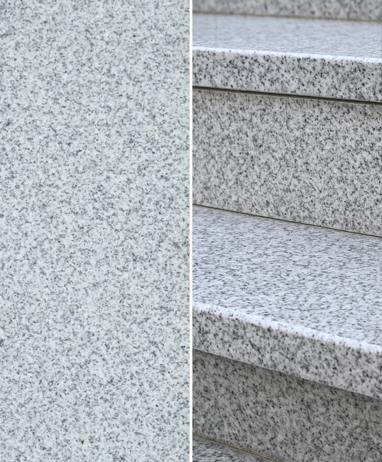 Podstopnica granitowa płomieniowana G603 150x15x2, szary granit, na tle nowoczesnej aranżacji schodów zewnętrznych.