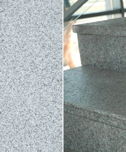 Zdjęcie przedstawia fakturę granitu G603 New szlifowanego. Matowa, gładka powierzchnia idealna na stopnice wewnętrzne. Produkt o wymiarach 150x33x2 cm.