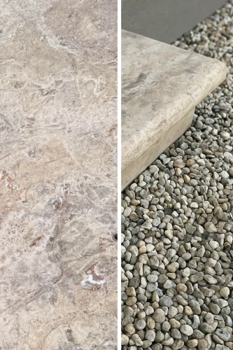 Trawertyn Parapet / Stopnica kamienna Silver Latte Bębnowany 135x35x3 cm Bullnose