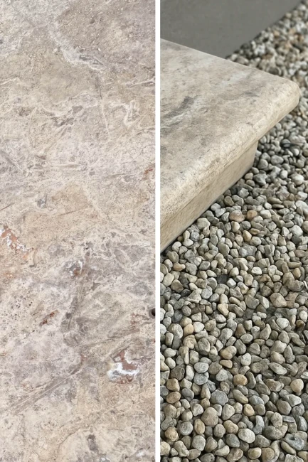 Trawertyn Parapet / Stopnica kamienna Silver Latte Bębnowany 135x35x3 cm Bullnose