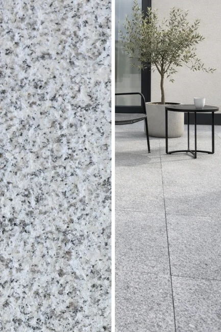 Płytka granitowa G603 60x60 cm na tarasie, szary granit płomieniowany, w nowoczesnej aranżacji ogrodu.