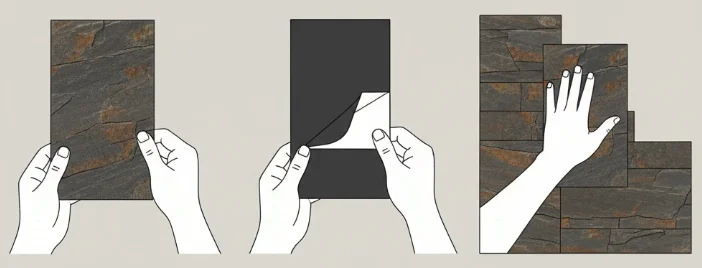 Ilustracja montażu forniru samoprzylepnego w trzech krokach: 1. Przygotowanie panelu, 2. Odrywanie folii zabezpieczającej, 3. Dociskanie do ściany.